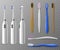 Toothbrushes mockup. Realistic toothbrush in different angles, promo items daily morning mouth hygiene, tooth cleaning