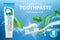 Toothpaste ads. Promotional advertizing poster of fresh healthy dental protection mint toothpaste vector illustration