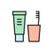 Toothpaste and brush, dental hygiene flat color line icon.