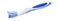 Toothpaste on toothbrush. Realistic 3D equipment for hygiene. Plastic stick with bristles in white and blue colors