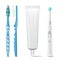 Toothpaste Tube, Plastic And Electric Toothbrush Vector. Mock Up For Branding Design. Isolated Dental Care Health