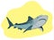 Toothy shark swimming on yellow background, vector illustration