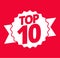 Top 10. Best ten list. Red word on ribbon. Winner tape award text title. Vector color Illustration clipart on a red