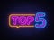 Top 5 Neon Text Vector. Top Five neon sign, design template, modern trend design, night neon signboard, night bright