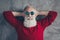 Top above high angle photo of positive festive old man relax day dream enjoy christmas time wear trendy jumper isolated