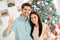 Top above high angle photo of two people charming couple feel romance making v-signs celebrate christmas time x-mas