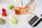 Top above high angle view photo of young girl cut vegetables make dinner healthy food culinary kitchen indoors