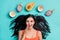 Top above high photo of lady surprised shampoo dragon fruit coconut nutrition isolated cyan color background