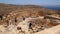 Top of the Acropolis of Lindos, the ancient Hellenistic wall and the ruins of the temple