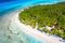 Top aerial drone view of beautiful beach with turquoise sea water and palm trees. Saona island, Dominican republic. Paradise