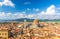 Top aerial panoramic view of Florence city with Duomo Cattedrale di Santa Maria del Fiore cathedral