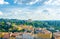 Top aerial panoramic view of Forte di Belvedere and green hills of Arcetri village, row of buildings, Florence
