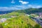 Top aerial panoramic view of Karlovy Vary Carlsbad spa town with colorful beautiful buildings, Tepla river