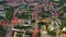 Top aerial panoramic view of Lowicz old town historical city centre with Rynek Market Square, Old Town Hall, New City Hall,