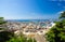 Top aerial scenic panoramic view from above of old historical centre of european city Genoa