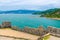 Top aerial view of Gulf of Spezia turquoise water, Portovenere castle