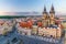 Top aerial view of Prague Old Town Square Stare Mesto historical city centre. Former market square.