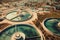 Top aerial view of purification tanks of modern wastewater treatment plant