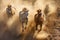 Top angle shot of horses running through dust on sand, in yellow brown tones