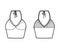 Top crop V-neck halter tank technical fashion illustration with empire seam, thin tieback, slim fit, bow, waist length.