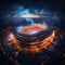 Top down 3D view, A soccer stadium illuminated with vibrant lights