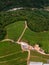 Top down aerial view of the alpine vineyards on a summer day. flat rows of fields, farms, small village of Faver, famous for wine