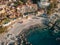 Top down aerial view of Conchas Chinas Beach in Puerto Vallarta Mexico showing rocks, sand, beauty