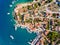 Top down aerial view of Fiskardo Cephalonia yachting bay