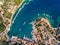 Top down aerial view of Fiskardo Cephalonia yachting bay