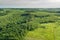 Top down aerial view of green summer forest with large area of cut down trees as result of global deforestation industry. Harmful