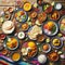 Top down aerial view of several Indian dishes served on wooden surface