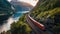 Top down aerial view of train with cargo on railway tracks going through the mountains