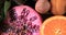 Top down close up view of an assortment of fresh, healthy, organic fruits