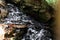 Top-down drone view of rapids of mountain river with wet boulders and pebble shore. Beautiful and powerful azure river stream with