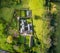 Top Down panorama of Compton Castle from a drone, Devon, England