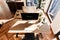 top down perspective of modern minimalistic pc workspace in luxurious loft office and panoramic view remote work home office