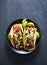 Top down phot of two mexican carnitas tacos on place in flat lay composition