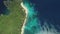 Top down tropic green island at sea bay aerial view. Sail boats on water at Philippines harbor, Asia