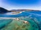 Top down view of Agios Nikolaos island near Lefkada Town in Greece Ioanian Islands as seen from above