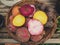 Top down view on a basket of root vegetables