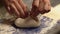 top down view of chef making pizza dough, bakery concept