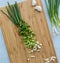 A top down view of chopped green onion and cloves of garlic on a wooden cutting board. A prebiotic foods concept.