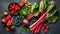 Top-Down View of a Colorful Arrangement of Raw Spinach, Beet Greens, Sliced Beetroot, Rhubarb Stalks, Almonds, and