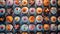 A top-down view of a dessert table filled with an array of colourful cupcakes