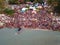 Top down view devotees prepare for Sri Singamuga`s Floating Chariot Procession