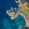 Top down view from flying drone. Breathtaking morning view of Port de Girolata - place, where you can`t get by car. Incredible sp