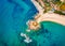 Top down view from flying drone.Colorful spring view of Torre di Bari tower. Superb morning scene of Sardinia island, Italy, Europ