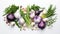 A top-down view of fresh garlic bulbs and an assortment of aromatic culinary herbs like rosemary, thyme, and basil
