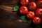 Top Down View of Fresh Organic Tomatoes and Herbs on a Rustic Wood Kitchen Food Photo with Copy Space