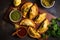 Top-down view of freshly baked empanadas with golden, flaky crust and savory meat filling, served with a side of chimichurri